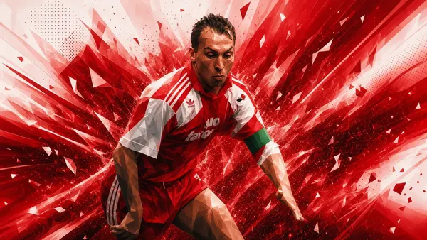 centrocampista in maglia rossa adidas anni '90, fascia da capitano, schegge rosse e bianche (03/09)