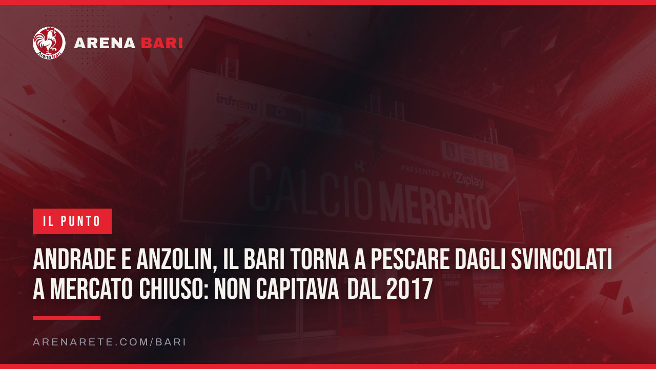 Andrade e Anzolin, il Bari torna a pescare dagli svincolati a mercato chiuso: non capitava dal 2017