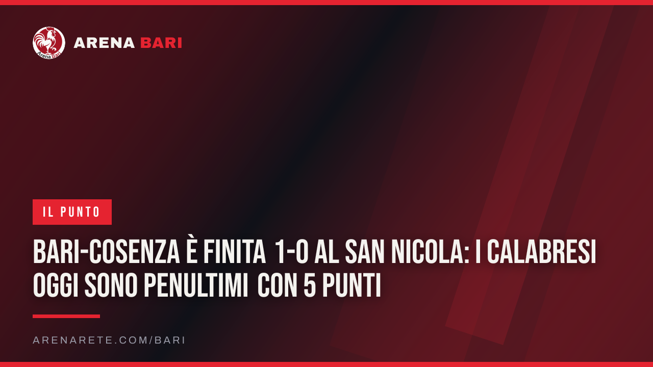 Bari-Cosenza è finita 1-0 al San Nicola: i calabresi oggi sono penultimi con 5 punti