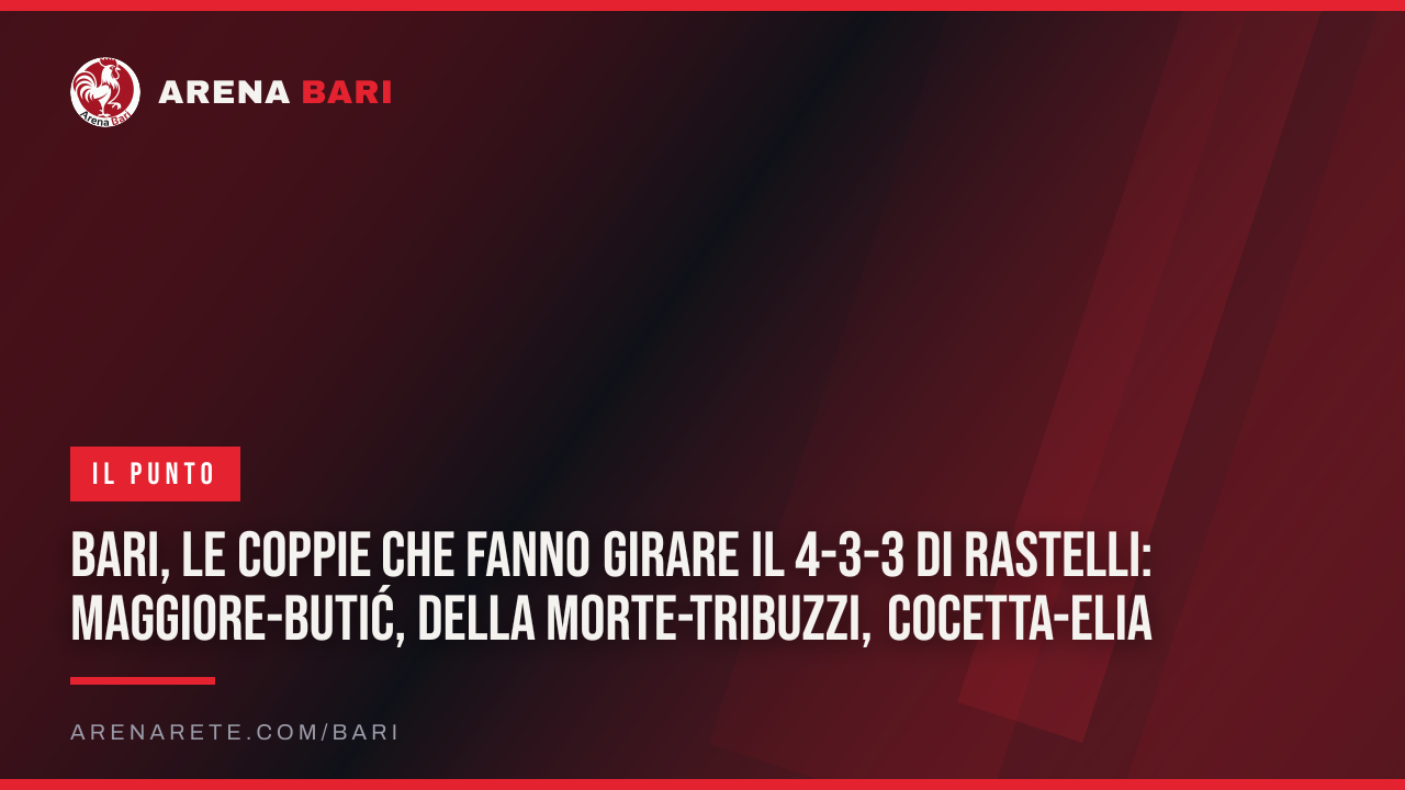 Bari, le coppie che fanno girare il 4-3-3 di Rastelli: Maggiore-Butić, Della Morte-Tribuzzi, Cocetta-Elia