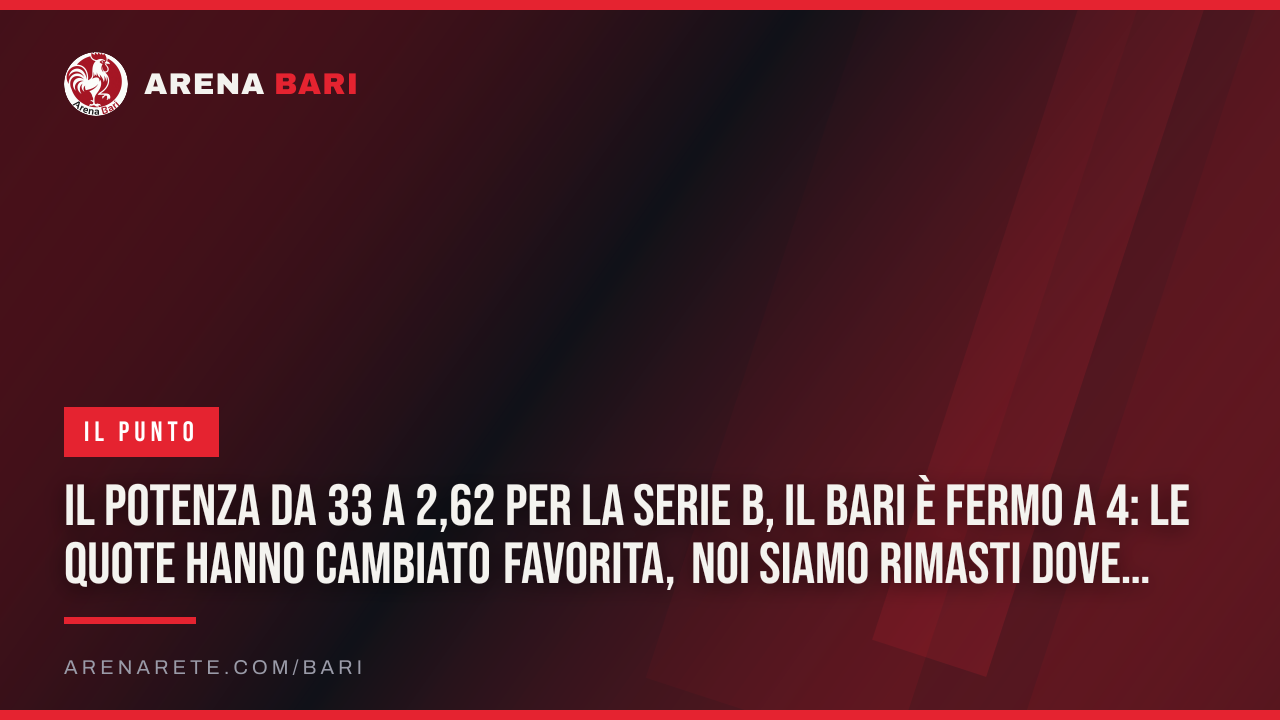 Il Potenza da 33 a 2,62 per la Serie B, il Bari è fermo a 4: le quote hanno cambiato favorita, noi siamo rimasti dove eravamo