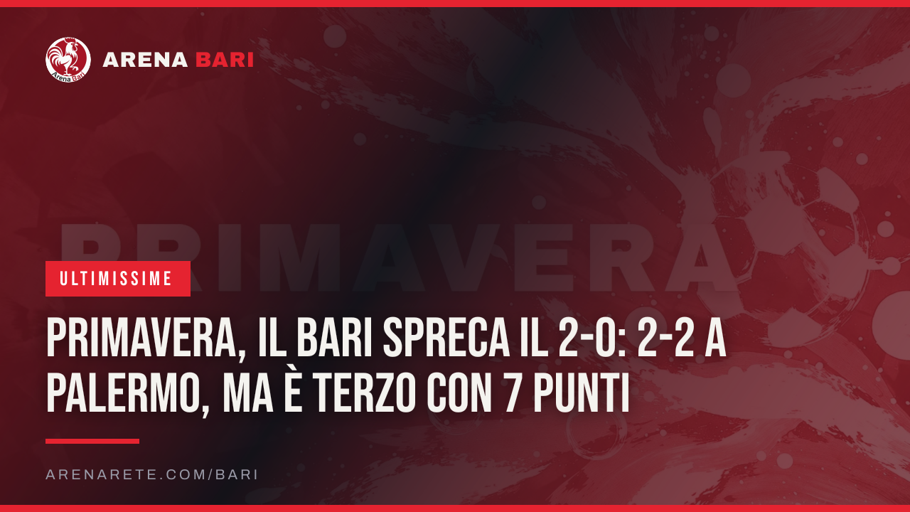 Primavera, il Bari spreca il 2-0: 2-2 a Palermo, ma è terzo con 7 punti