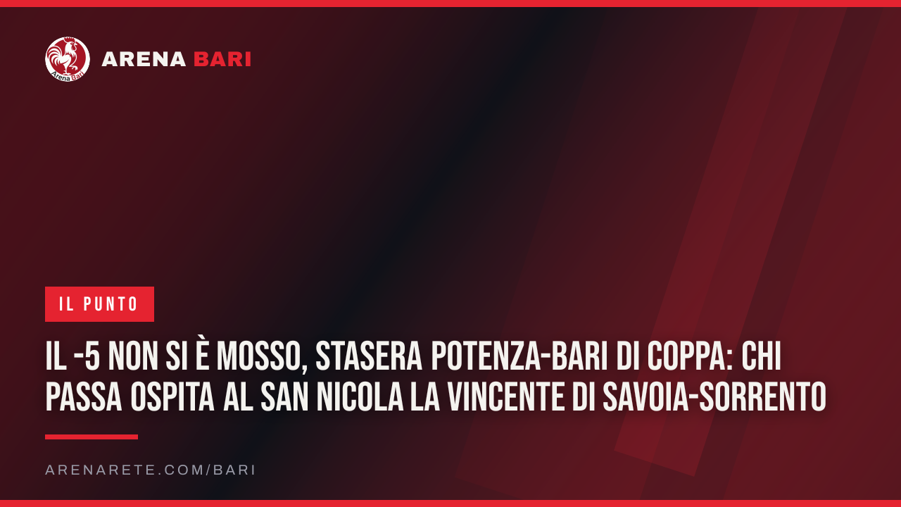 Il -5 non si è mosso, stasera Potenza-Bari di Coppa: chi passa ospita al San Nicola la vincente di Savoia-Sorrento