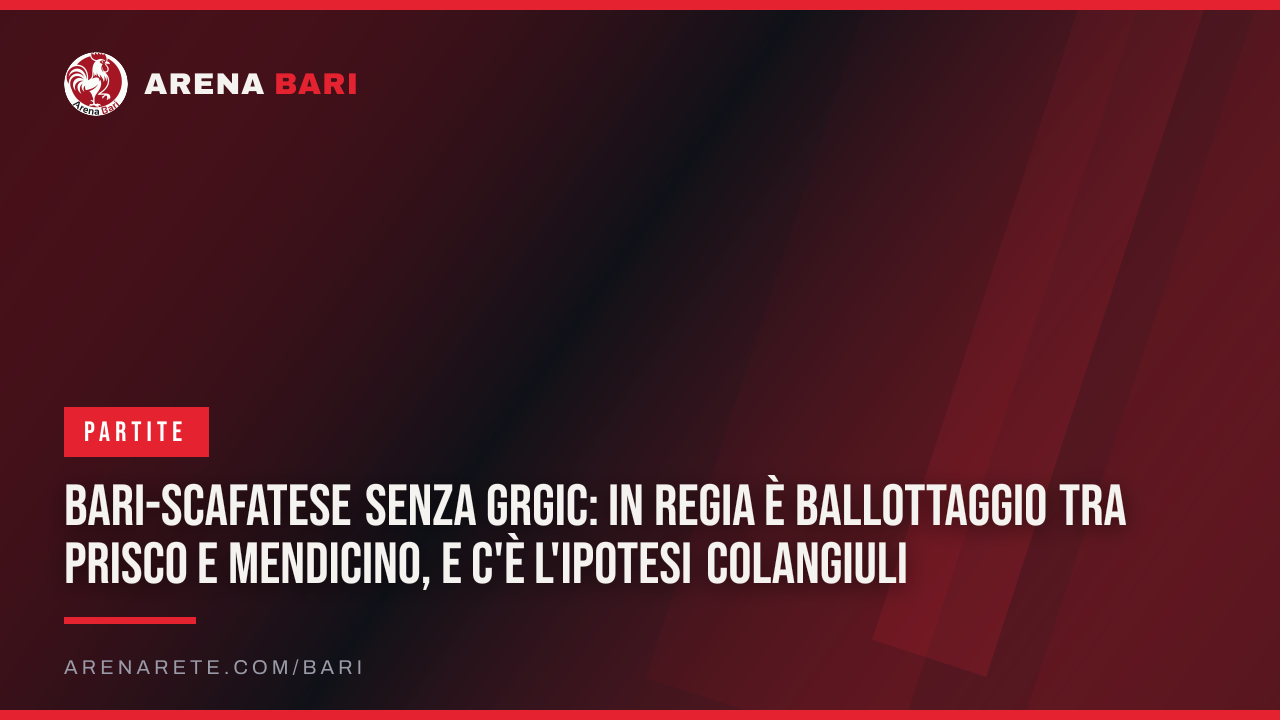 Bari-Scafatese senza Grgic: in regia è ballottaggio tra Prisco e Mendicino, e c'è l'ipotesi Colangiuli